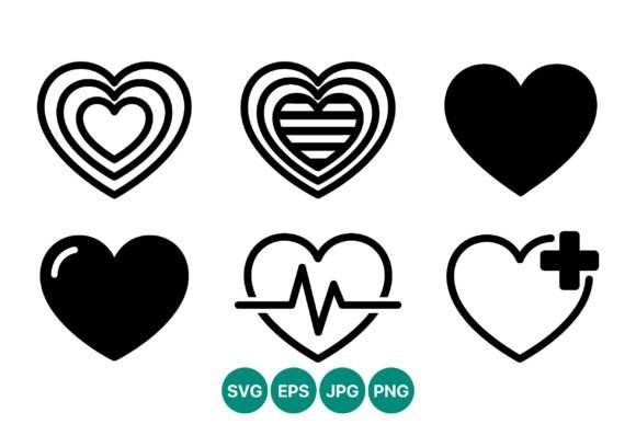 Heart Icons Black and White Set