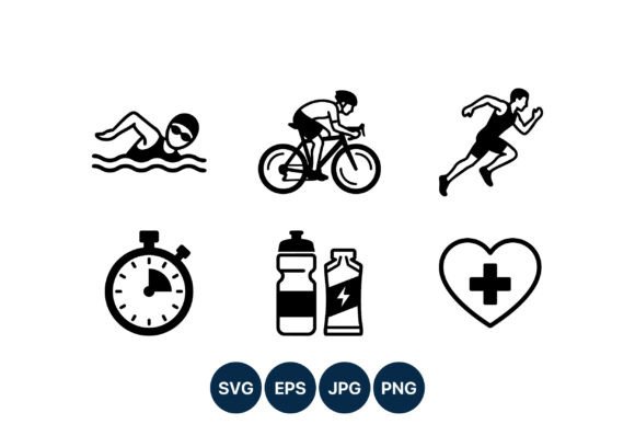 Triathlon Sport Icon Set Black and White